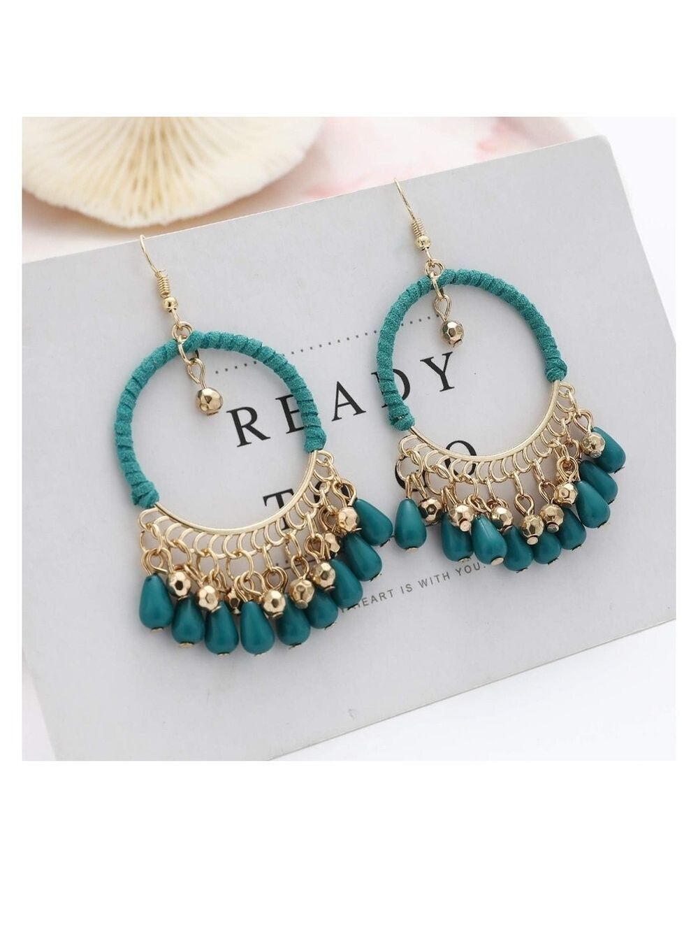 Elegant Bohemian Gold and Teal Dangle Earrings